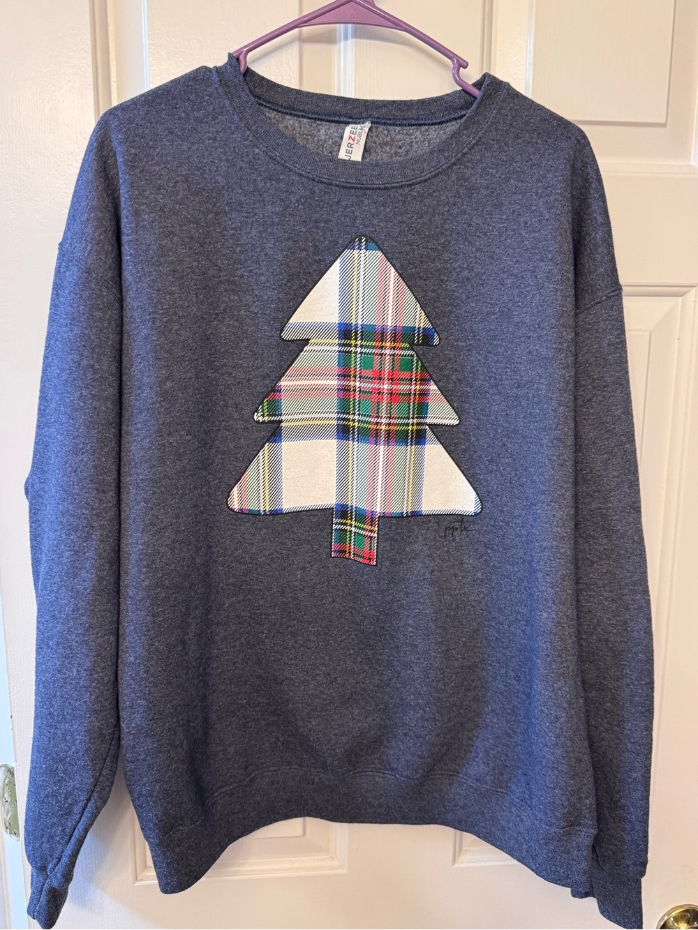 Jerzees Navy Heather Plaid Tree Appliqué Sweatshirt